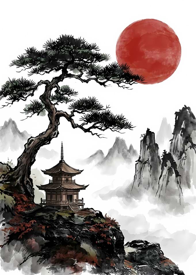Japanese Pagoda with Red Sun Painting