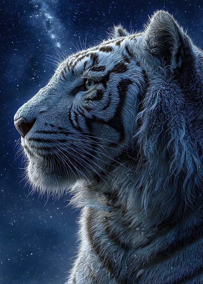 White Tiger Portrait Under Starry Sky
