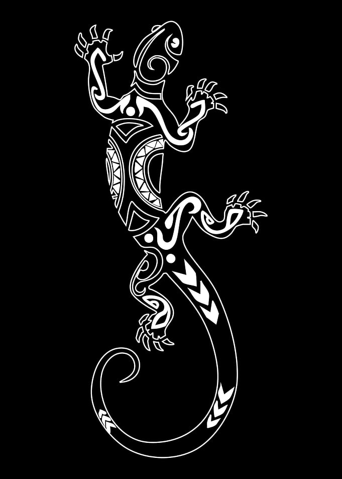 White Tribal Lizard on Black Background