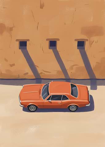 Vintage Orange Car Next to a Textured Ochre Wall