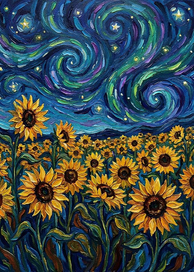 Sunflower Field Under Swirling Night Sky
