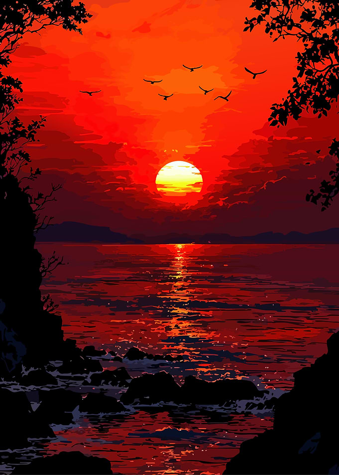 Red Sunset Over the Ocean