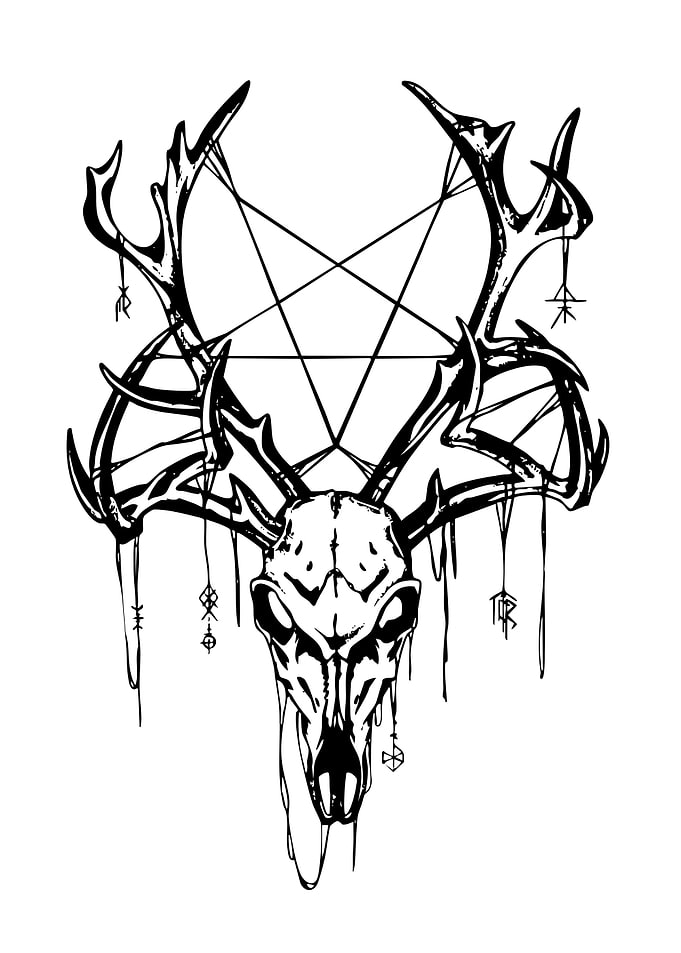 Deer Skull Pentagram Black and White Art