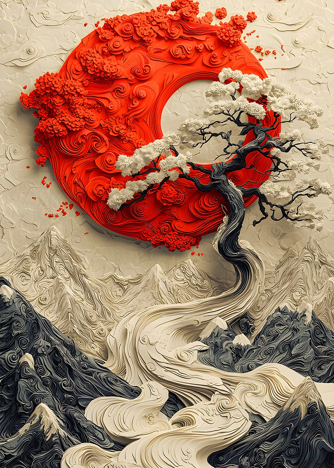 Japanese Landscape with Red Sun and Tree