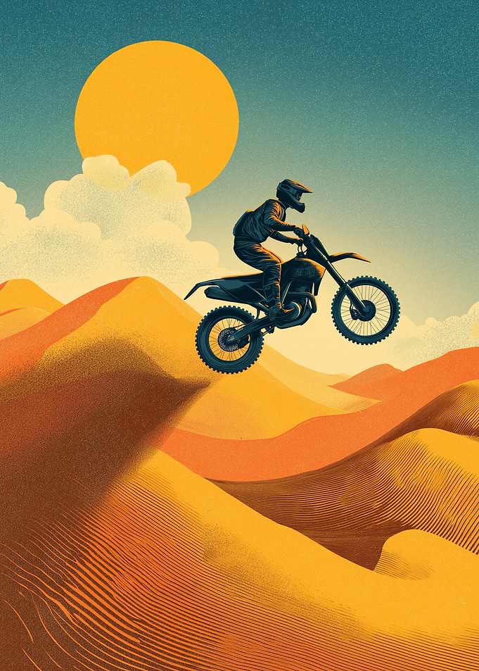 Motocross Rider Jumping in Desert Landscape