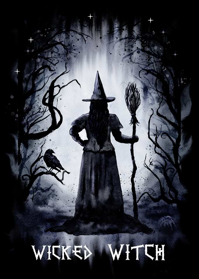 Wicked Witch in Dark Forest Watercolor Painting