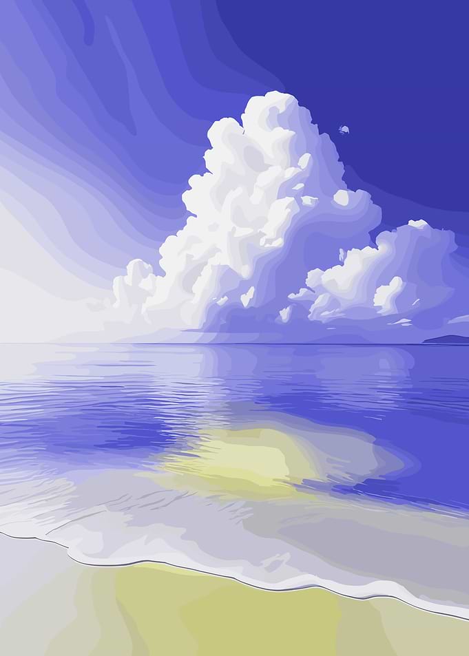 Serene Beach with Clouds and Reflections