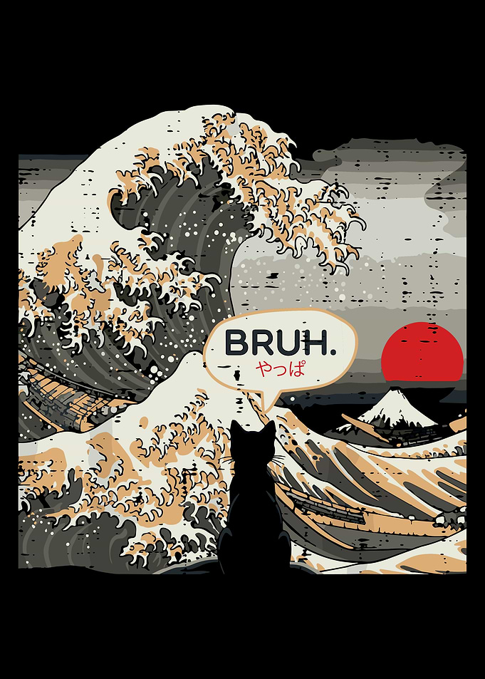Bruh Cat Great Wave Poster, Japanese Art Parody Print, Funny Ukiyo-e Wall Art