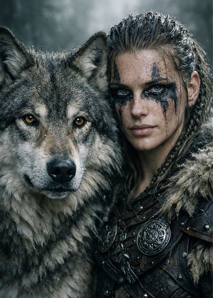 Viking Woman with Wolf Companion