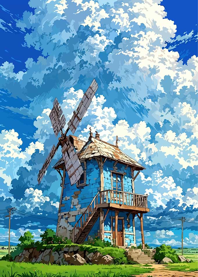 Blue Windmill House Under Cloudy Sky
