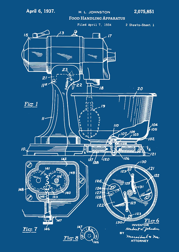 1937 KitchenAid Mixer Patent, food handling apparatus, Kitchenaid patent