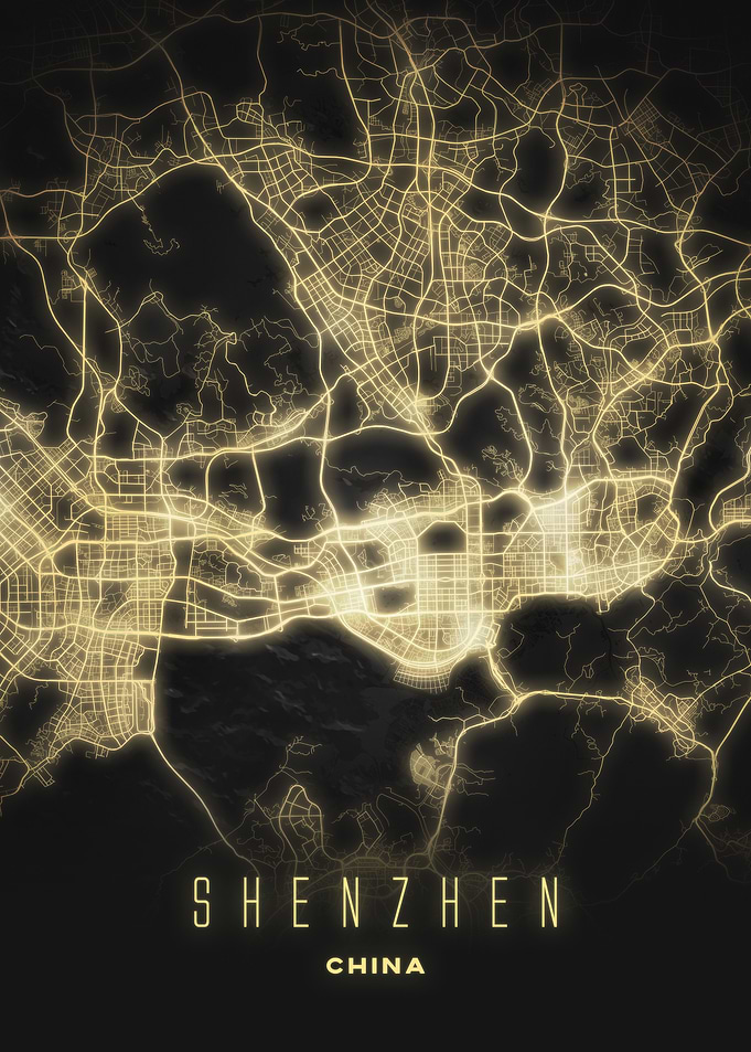 Shenzhen, China - Luminous City Streets Map Poster, Modern Wall Art