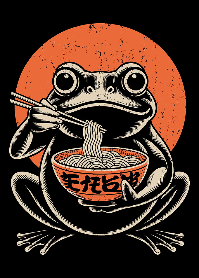 Frog Eating Ramen Poster, Japanese Food Art Print, Cute Anime Kitchen Wall Decor