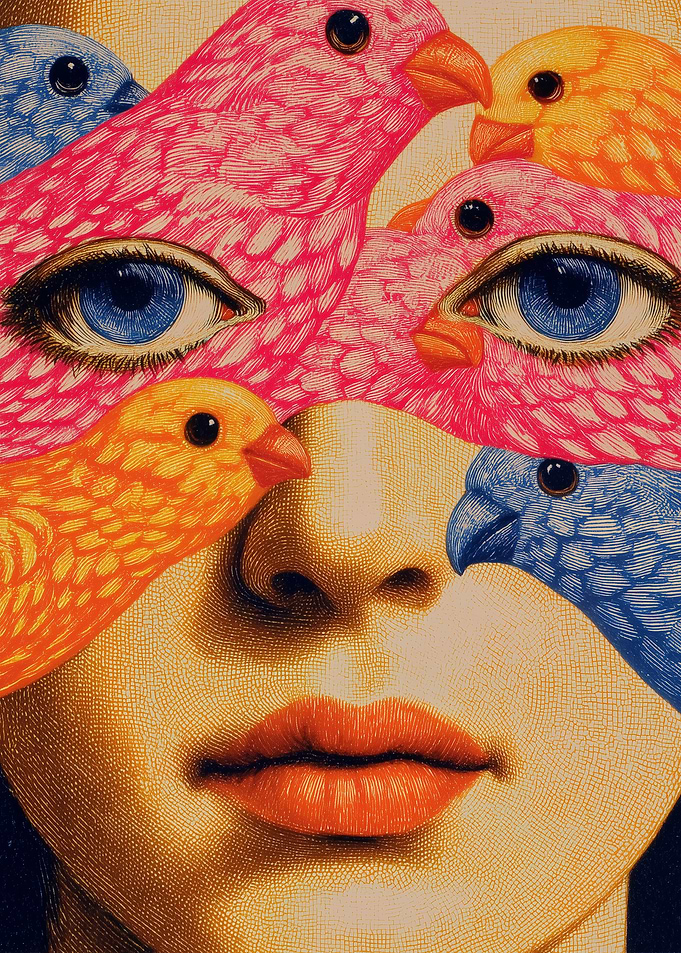 Surreal Portrait with Birds and Eyes
