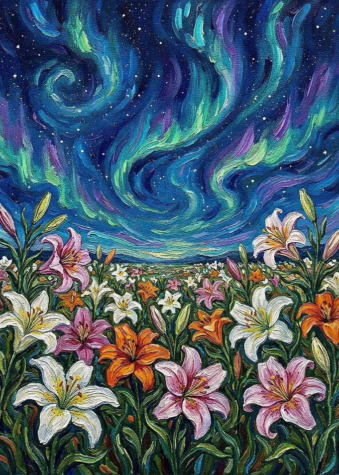 Lily Field Under Aurora Borealis Painting