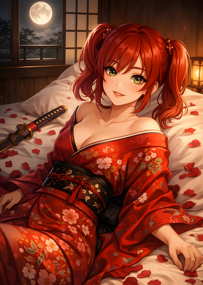 Moonlit Crimson Reverie Anime Girl in Kimono with Katana