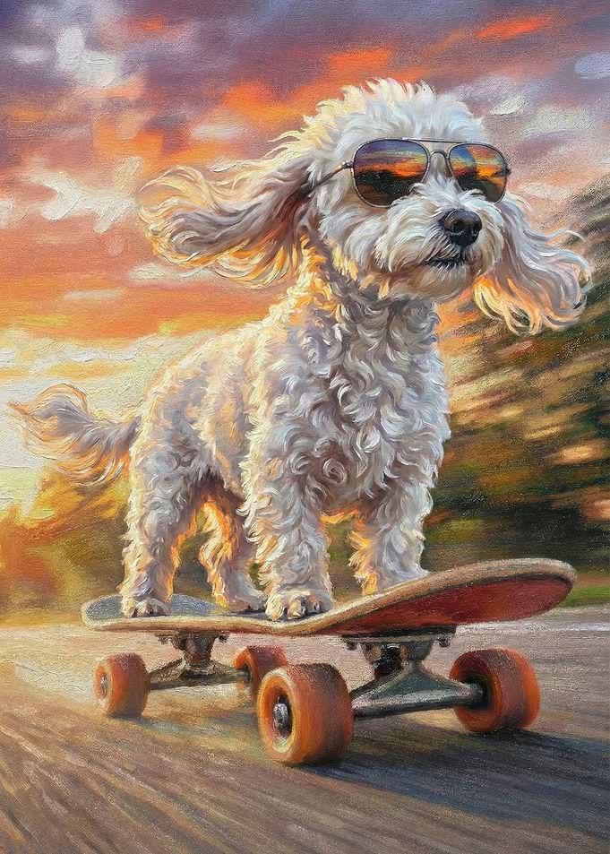 Cool Dog on Skateboard at Sunset
