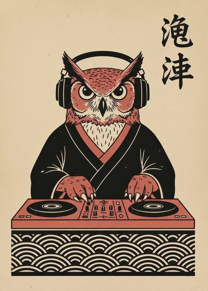 Owl DJ with Headphones and Kimono