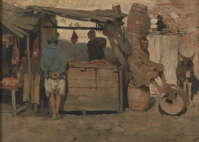 Market Scene Painting with Figures and Donkey