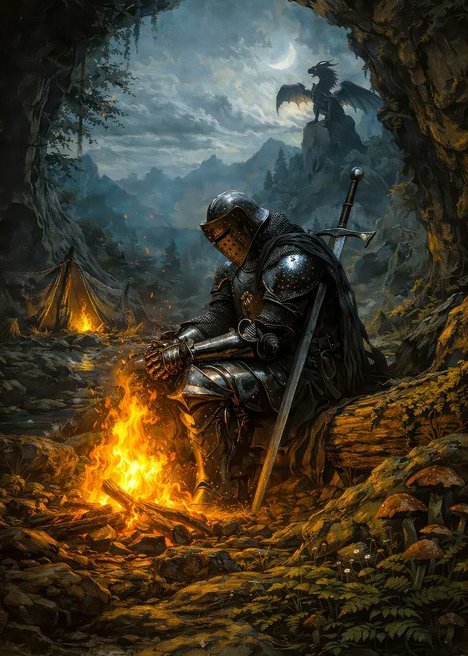 Knight by Campfire with Dragon