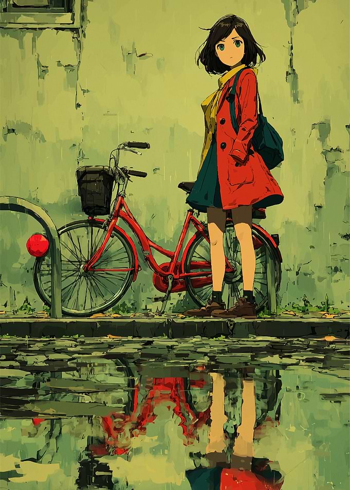Anime Girl with Bicycle in the Rain