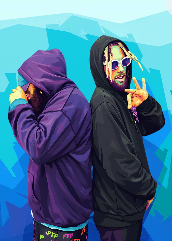 Two figures in hoodies pop art