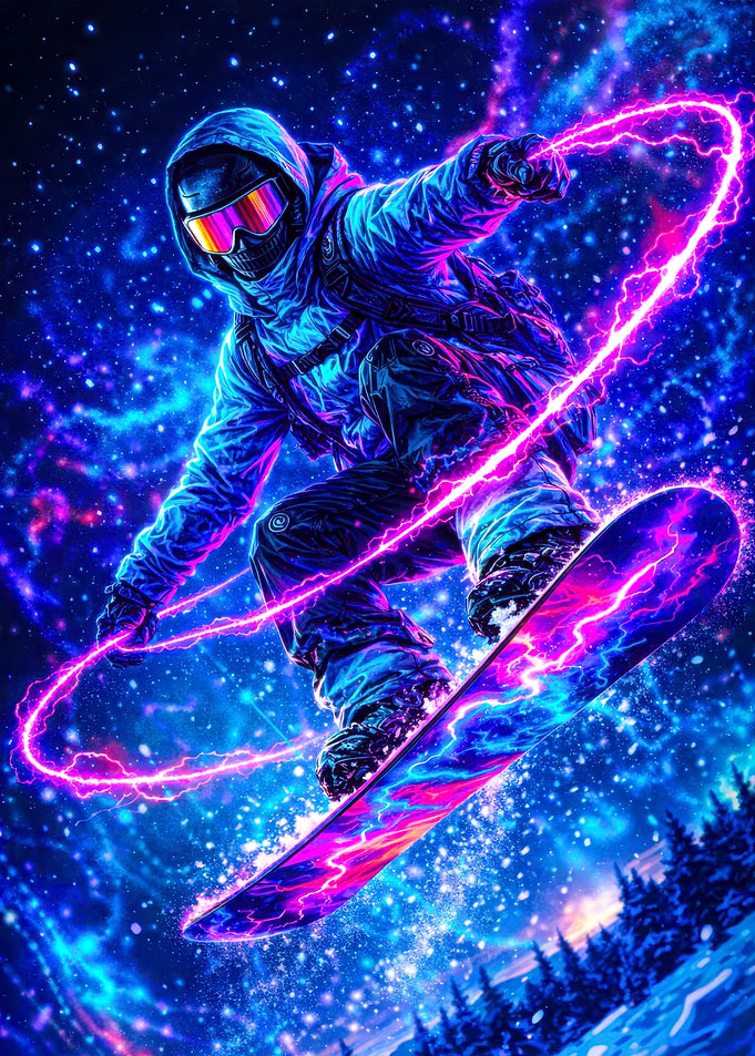 Neon Snowboarder in Cosmic Winter Landscape