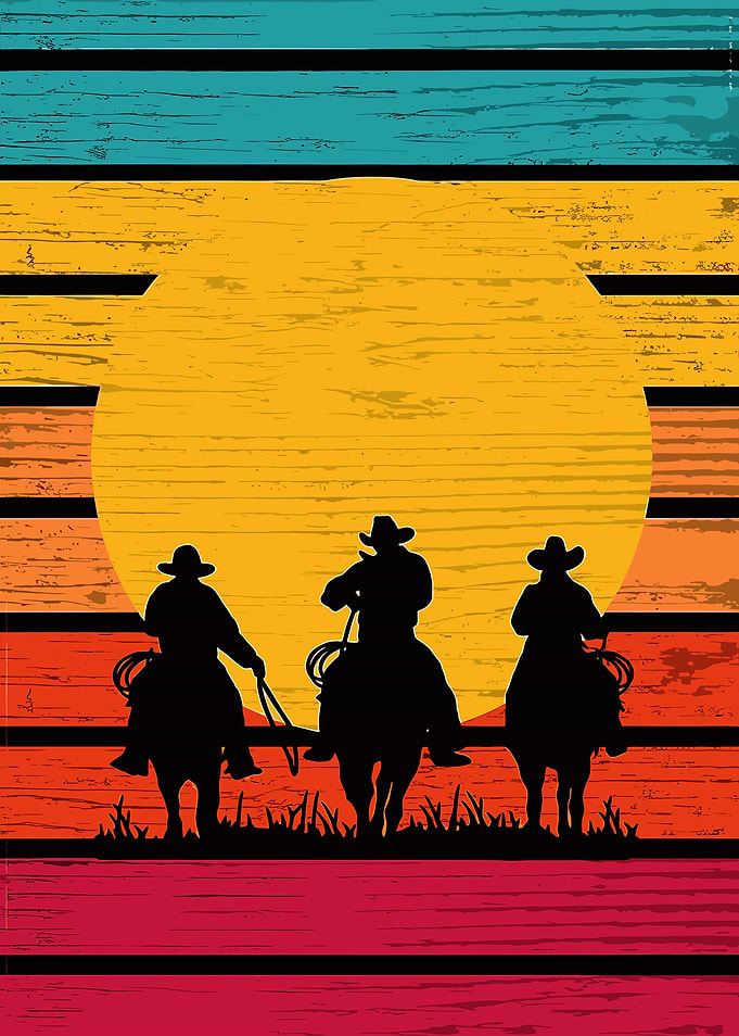 Cowboys Riding into Sunset Silhouette Art