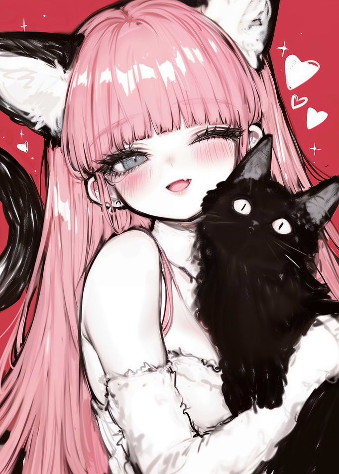 Cute Anime Neko Girl with Black Cat