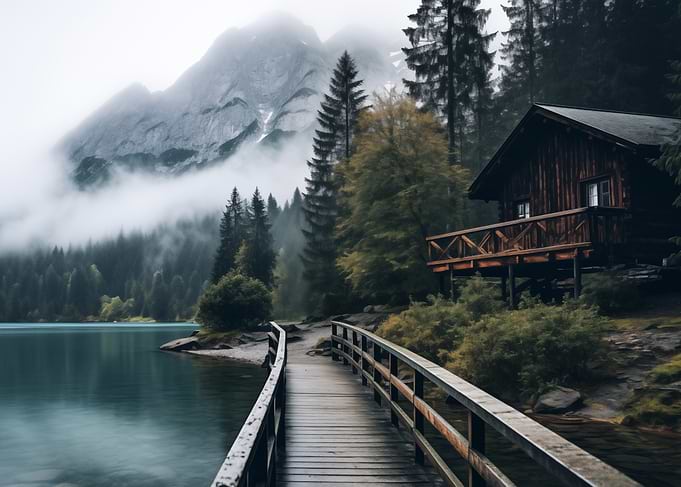 Cabin by the Lake in Mountains