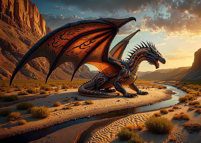 Dragon in Desert Landscape at Sunset