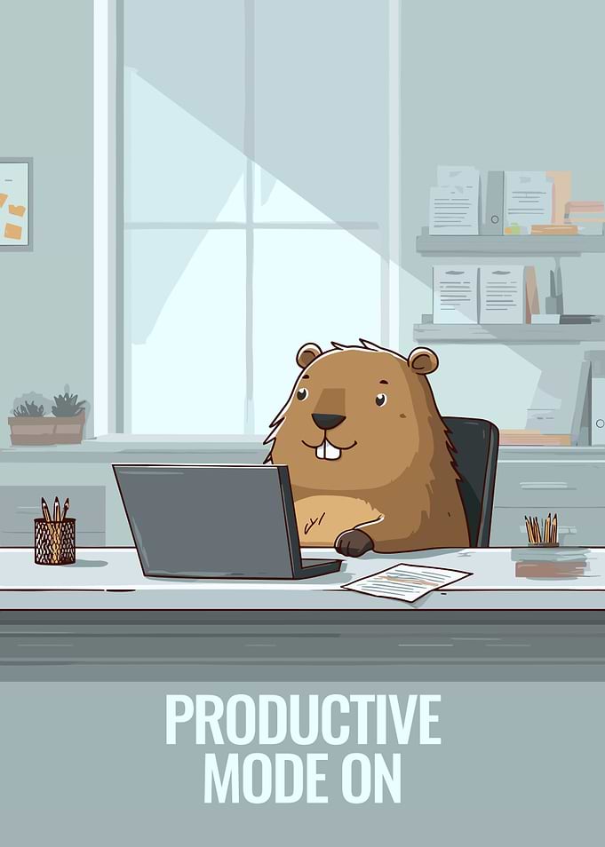 Cartoon Beaver Working on Laptop
