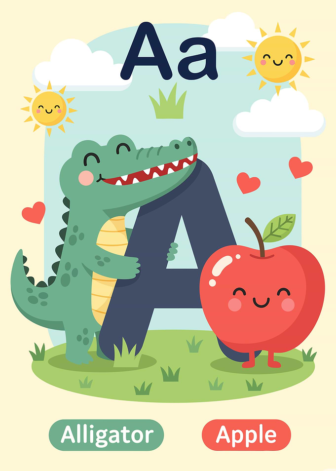 Alligator and Apple Alphabet Illustration