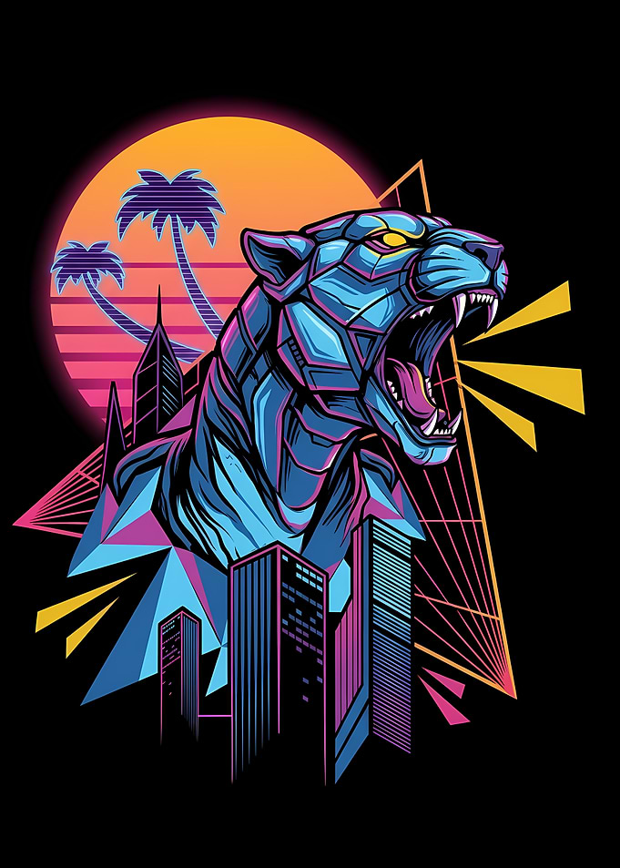 Cyberpunk Panther Roar Retro Cityscape