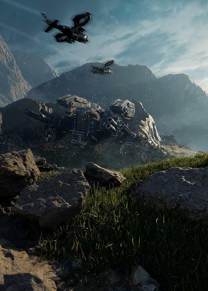 Futuristic vehicles in mountainous landscape
