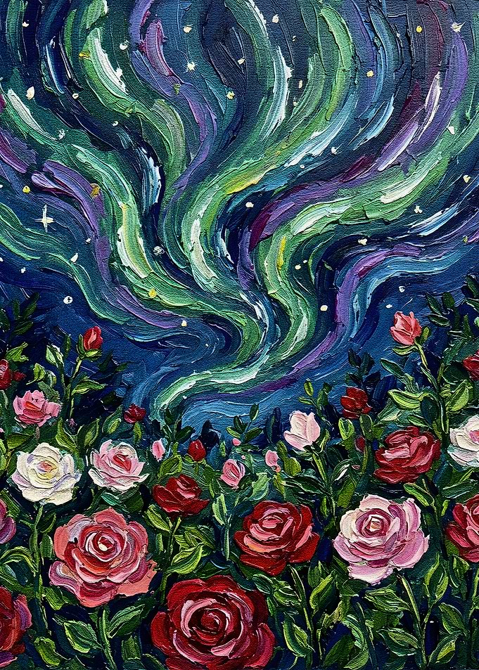 Aurora Borealis Over Rose Garden Painting