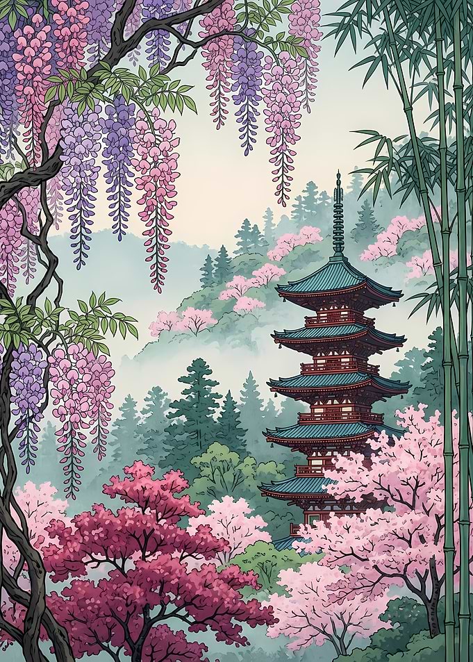 Japanese Pagoda with Cherry Blossoms