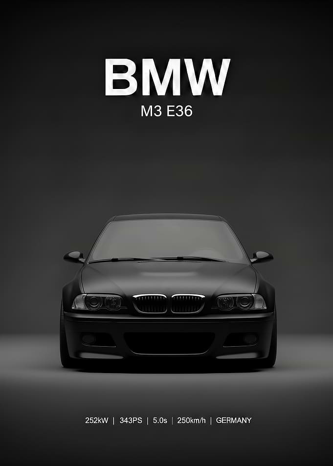 black BMW M3 E36 Car Poster