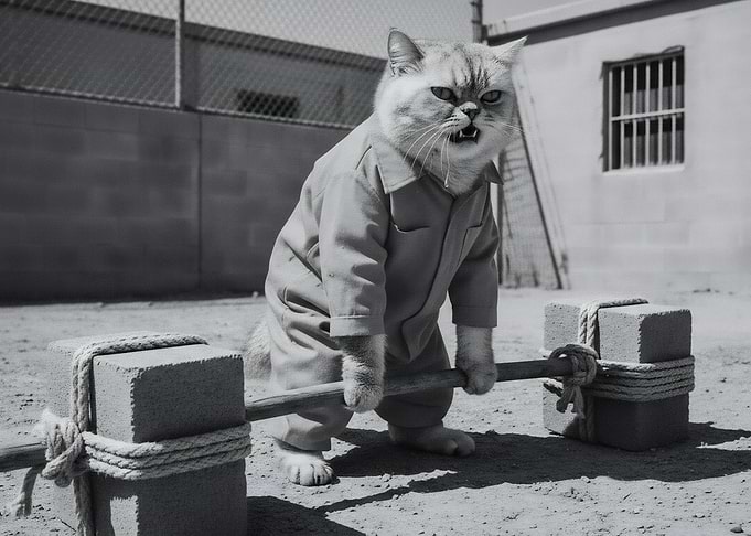 Weightlifting Cat in Overalls