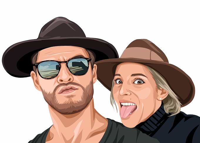 Stylish Celebrity Couple Vector Art - Cool Man in Hat & Playful Woman Illustration