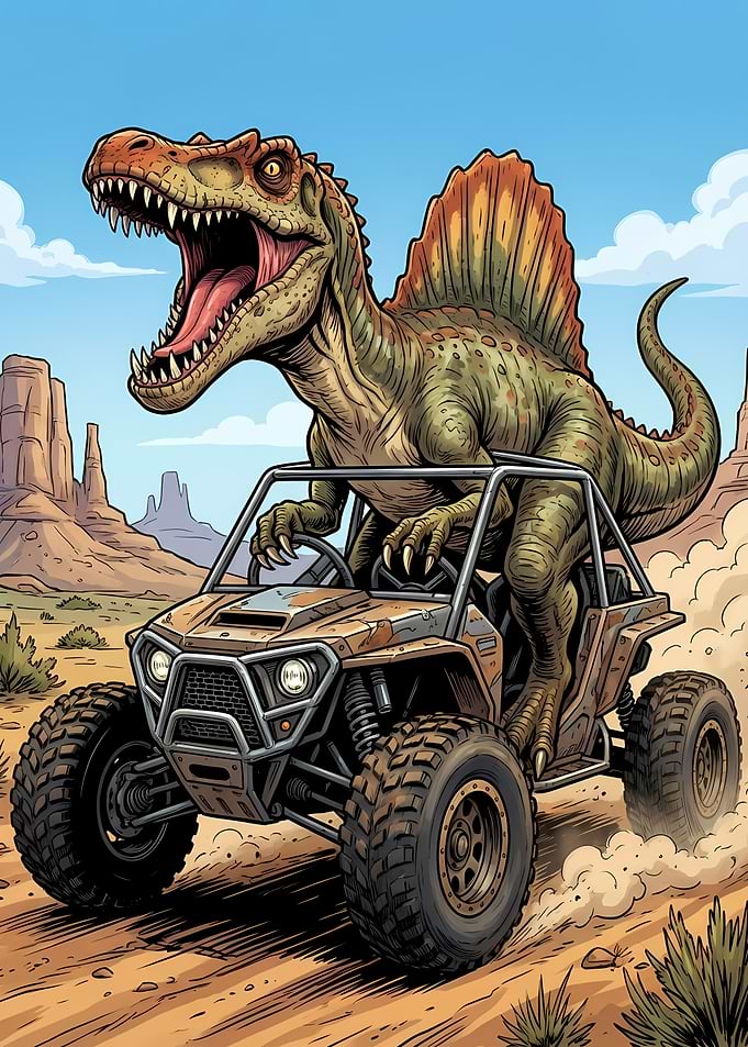 Dinosaur Driving an Off-Road Vehicle
