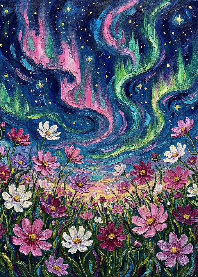 Aurora Borealis over Flower Field Painting