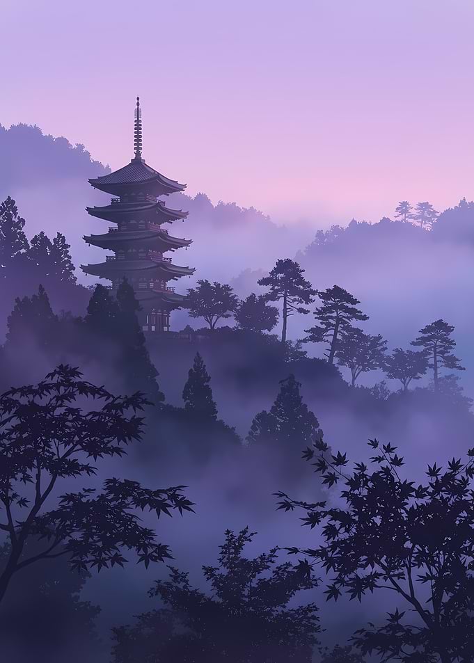 Pagoda in Misty Landscape