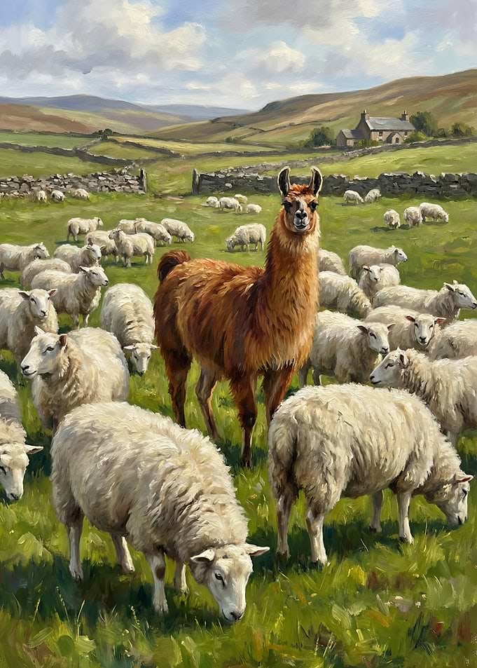 Llama and Sheep in Grassy Field