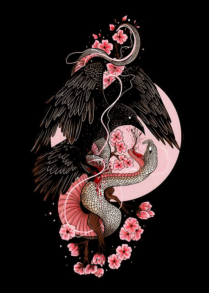 Raven and Snake with Cherry Blossoms