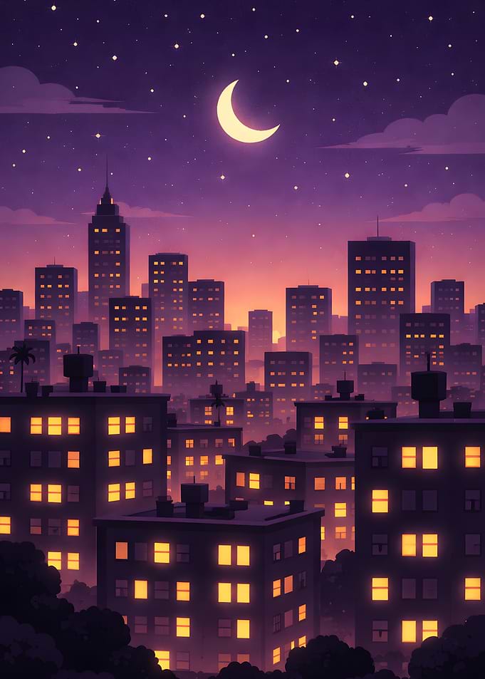 Night Cityscape with Crescent Moon