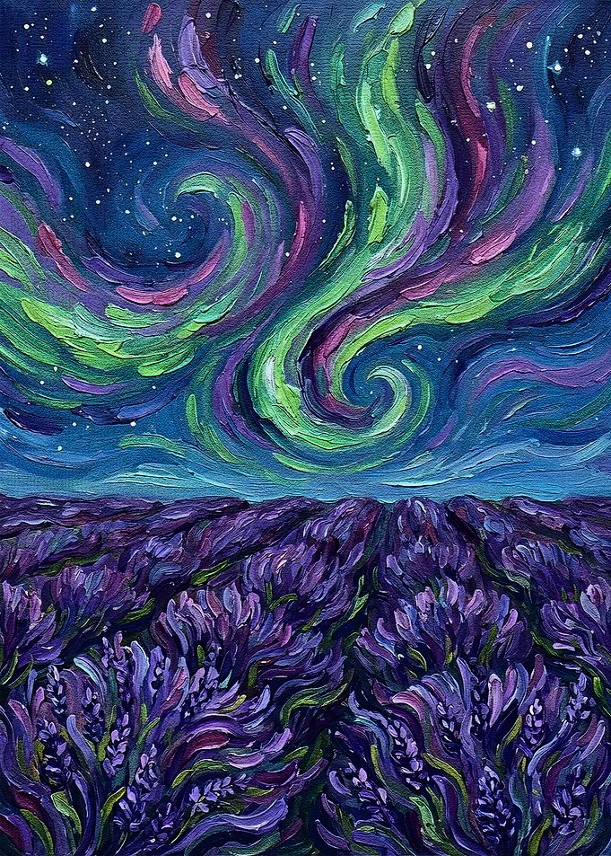 Lavender Field Under Aurora Painting