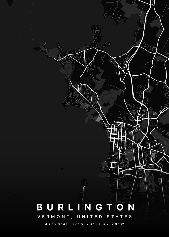 Burlington Vermont Black and White Map