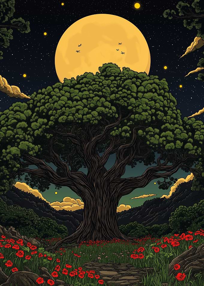 Mystical Tree Under a Full Moon