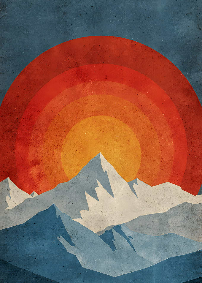 Retro Mountain Landscape with Sun Circles